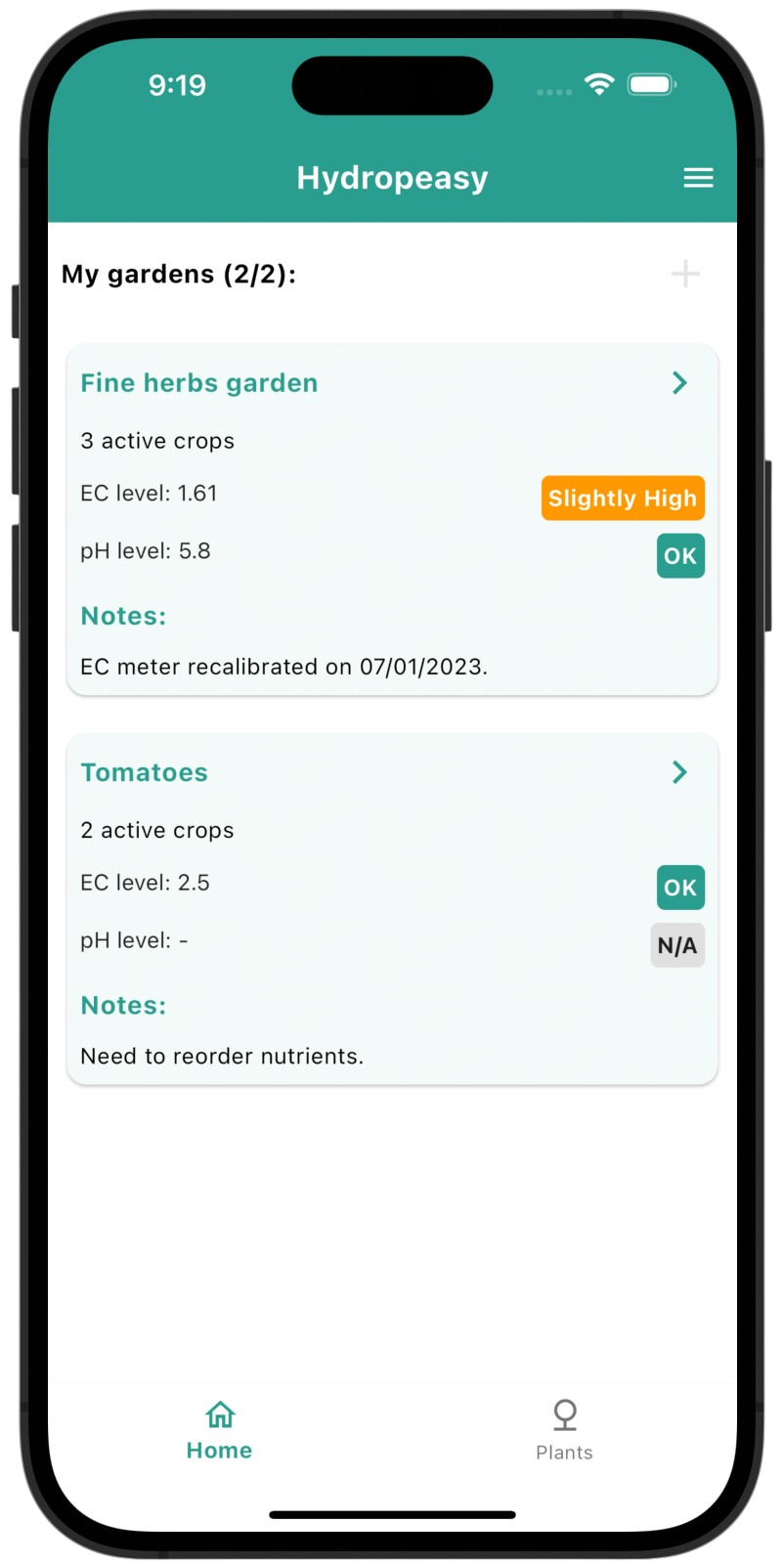 User gardens screen
